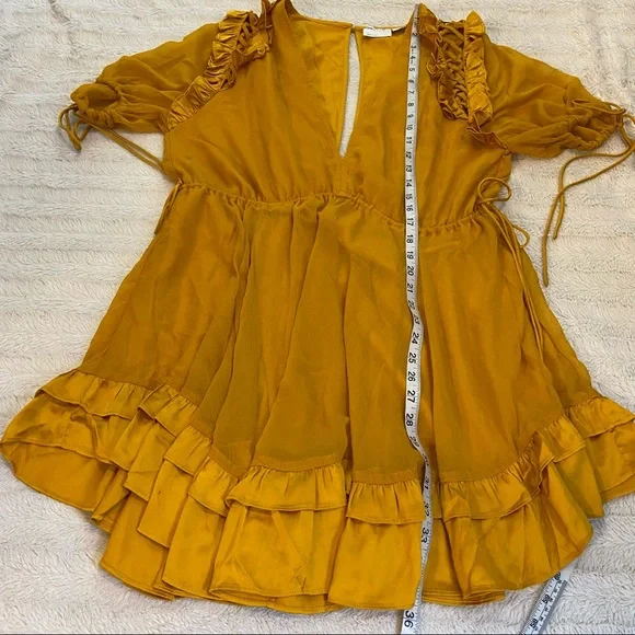 NWOT ASOS Design Mustard Yellow Mini V-Neck Ruffle Dress 12 - Picture 14 of 15